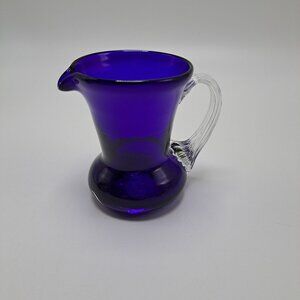 Pilgrim Glass Blue Pitcher Vase Creamer With Clear Ribbed Handle
